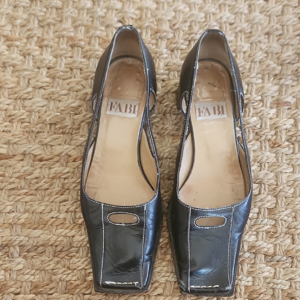 Fabi Vintage Square Toe Black Made In Italy Genuine Leather Thick Heel Size 36